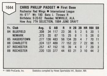 1989 ProCards Minor League Team Sets #1644 Chris Padget Back