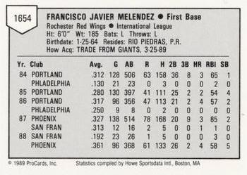 1989 ProCards Minor League Team Sets #1654 Francisco Melendez Back