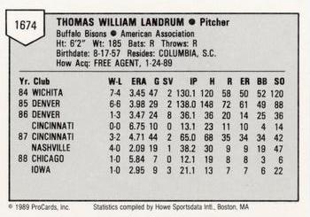 1989 ProCards Minor League Team Sets #1674 Bill Landrum Back