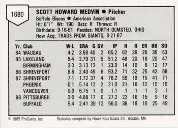 1989 ProCards Minor League Team Sets #1680 Scott Medvin Back
