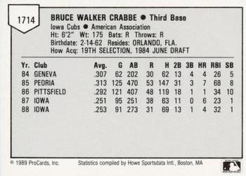 1989 ProCards Minor League Team Sets #1714 Bruce Crabbe Back