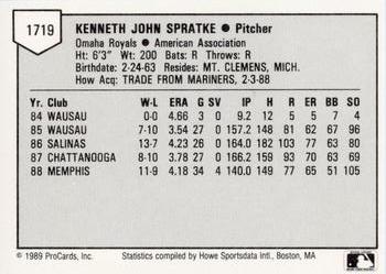 1989 ProCards Minor League Team Sets #1719 Ken Spratke Back