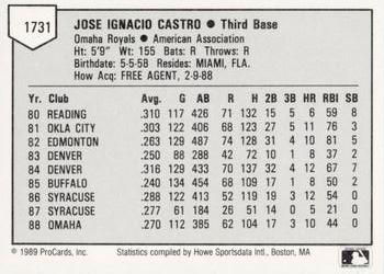 1989 ProCards Minor League Team Sets #1731 Jose Castro Back