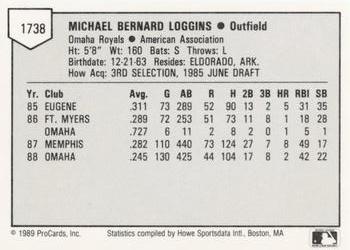 1989 ProCards Minor League Team Sets #1738 Mike Loggins Back