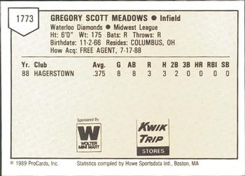 1989 ProCards Minor League Team Sets #1773 Scott Meadows Back