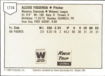 1989 ProCards Minor League Team Sets #1774 Alexis Figueroa Back