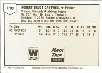 1989 ProCards Minor League Team Sets #1780 Rob Cantwell Back