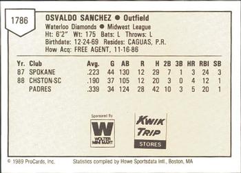 1989 ProCards Minor League Team Sets #1786 Osvaldo Sanchez Back
