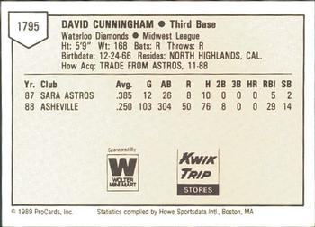 1989 ProCards Minor League Team Sets #1795 Dave Cunningham Back