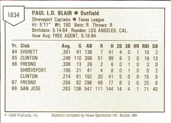 1989 ProCards Minor League Team Sets #1834 Paul Blair Back