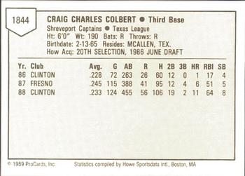 1989 ProCards Minor League Team Sets #1844 Craig Colbert Back