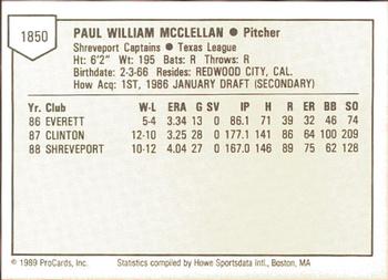 1989 ProCards Minor League Team Sets #1850 Paul McClellan Back