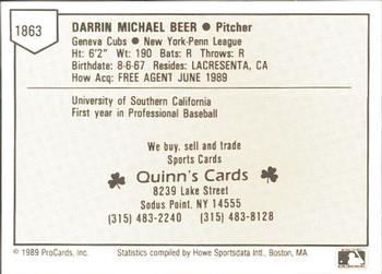 1989 ProCards Minor League Team Sets #1863 Darrin Beer Back