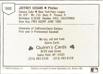 1989 ProCards Minor League Team Sets #1868 Jeff Cesari Back