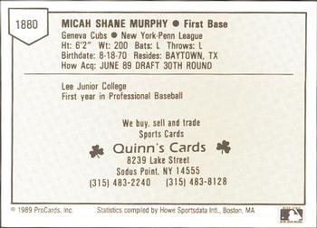 1989 ProCards Minor League Team Sets #1880 Micah Murphy Back