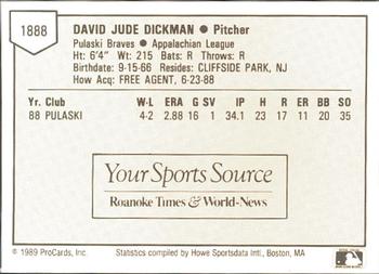1989 ProCards Minor League Team Sets #1888 Dave Dickman Back