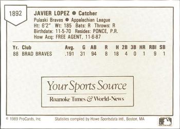 1989 ProCards Minor League Team Sets #1892 Javier Lopez Back