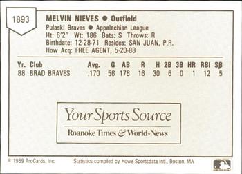 1989 ProCards Minor League Team Sets #1893 Melvin Nieves Back