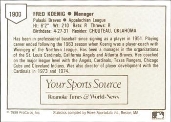 1989 ProCards Minor League Team Sets #1900 Fred Koenig Back