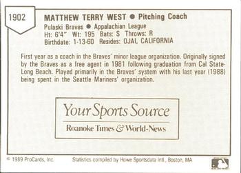 1989 ProCards Minor League Team Sets #1902 Matt West Back