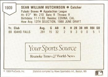 1989 ProCards Minor League Team Sets #1909 Sean Hutchinson Back