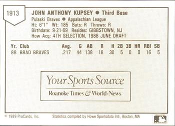 1989 ProCards Minor League Team Sets #1913 John Kupsey Back