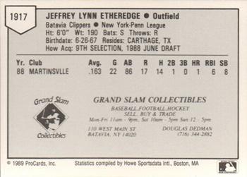 1989 ProCards Minor League Team Sets #1917 Jeff Etheredge Back