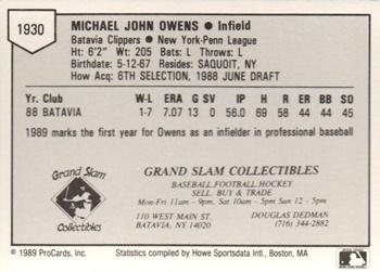 1989 ProCards Minor League Team Sets #1930 Michael Owens Back