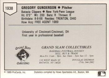 1989 ProCards Minor League Team Sets #1938 Greg Gunderson Back