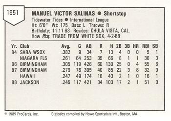 1989 ProCards Minor League Team Sets #1951 Manny Salinas Back