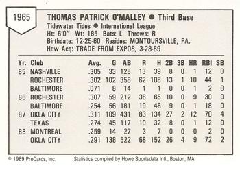 1989 ProCards Minor League Team Sets #1965 Tom O'Malley Back