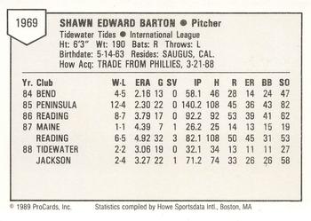 1989 ProCards Minor League Team Sets #1969 Shawn Barton Back