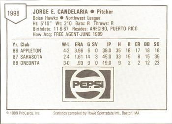 1989 ProCards Minor League Team Sets #1998 Jorge Candelaria Back
