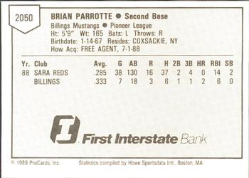 1989 ProCards Minor League Team Sets #2050 Brian Parrotte Back