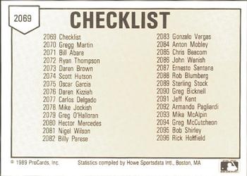 1989 ProCards Minor League Team Sets #2069 Checklist Back