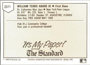 1989 ProCards Minor League Team Sets #2071 Bill Abare Back
