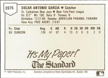 1989 ProCards Minor League Team Sets #2075 Oscar Garcia Back