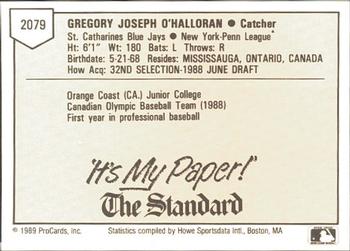 1989 ProCards Minor League Team Sets #2079 Greg O'Halloran Back