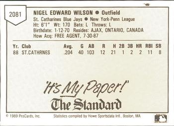 1989 ProCards Minor League Team Sets #2081 Nigel Wilson Back