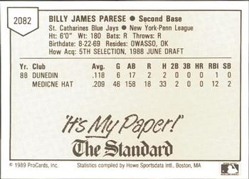 1989 ProCards Minor League Team Sets #2082 Billy Parese Back