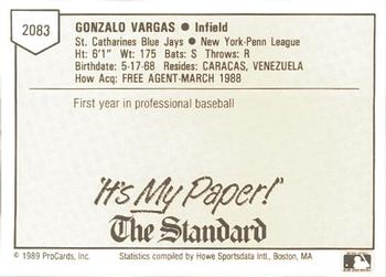 1989 ProCards Minor League Team Sets #2083 Gonzalo Vargas Back