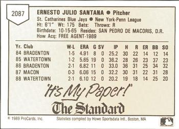 1989 ProCards Minor League Team Sets #2087 Ernesto Santana Back