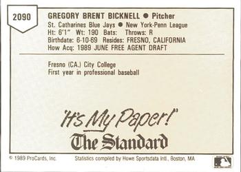 1989 ProCards Minor League Team Sets #2090 Greg Bicknell Back