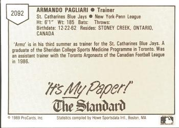 1989 ProCards Minor League Team Sets #2092 Armando Pagliari Back