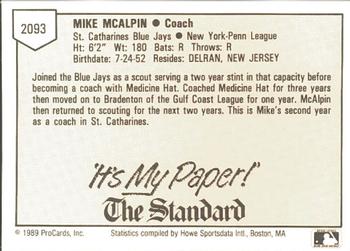 1989 ProCards Minor League Team Sets #2093 Mike McAlpin Back