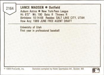 1989 ProCards Minor League Team Sets #2164 Lance Madsen Back