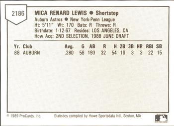 1989 ProCards Minor League Team Sets #2186 Mica Lewis Back