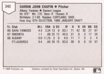1989 ProCards Minor League Team Sets #340 Darrin Chapin Back
