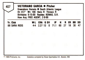 1989 ProCards Minor League Team Sets #407 Victor Garcia Back