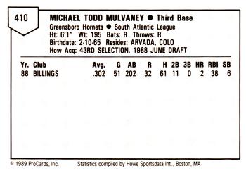 1989 ProCards Minor League Team Sets #410 Mike Mulvaney Back